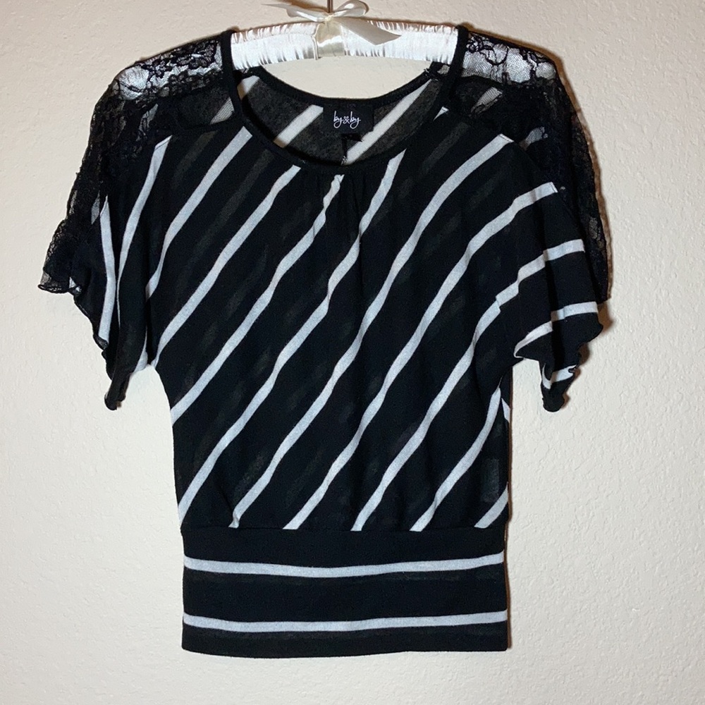 BY & BY Black White Striped Lace Shoulders Top S
